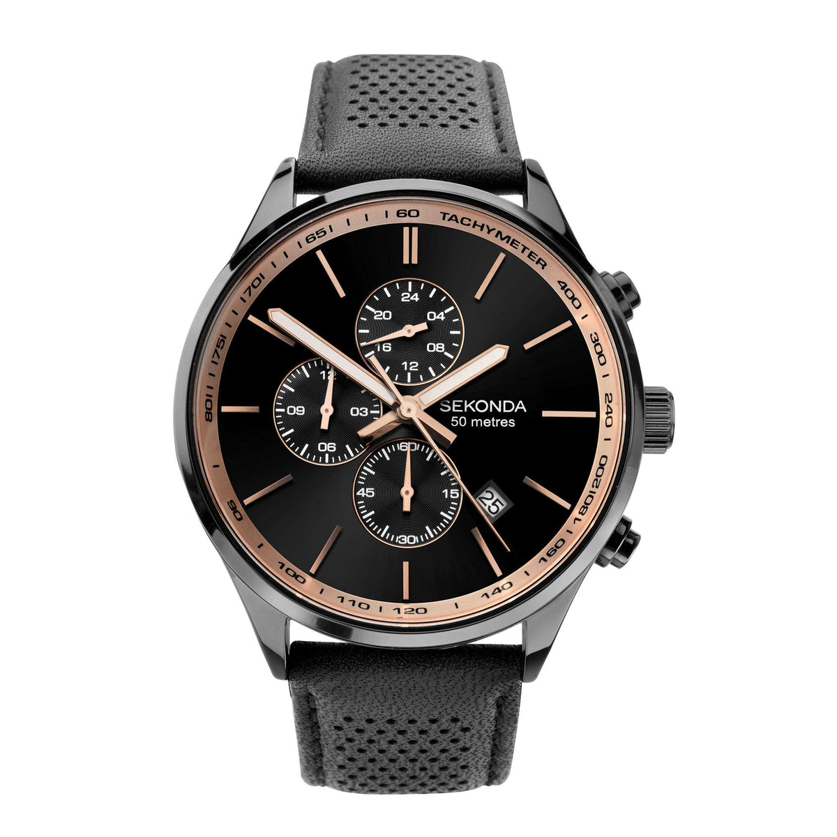 Men's chronograph quartz watch, black dial, bronze bezel, black leather strap