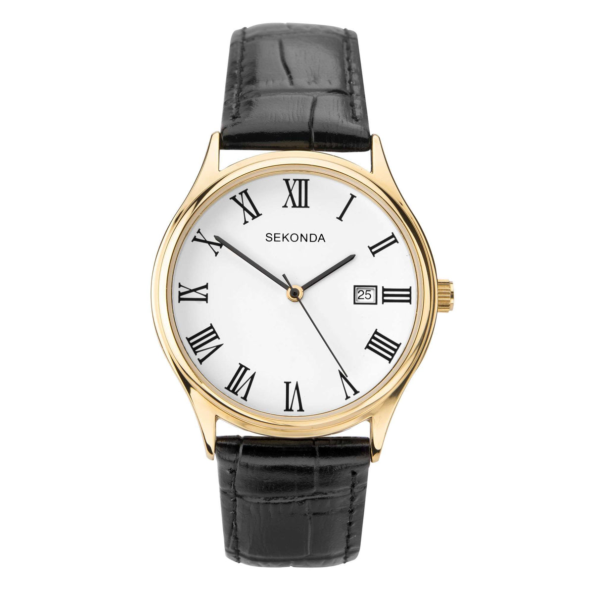 Men's quartz watch with white dial, Roman numerals, black leather strap, gold-tone case