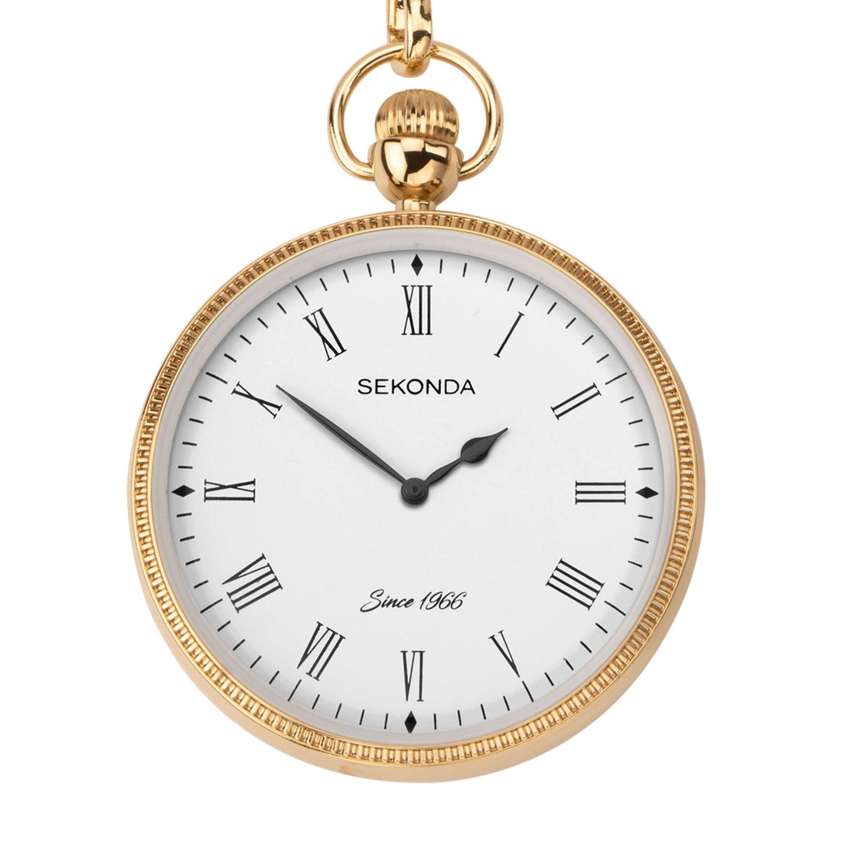 Gold-tone pocket watch with SEKONDA white dial, Roman numerals, black hands, chain loop