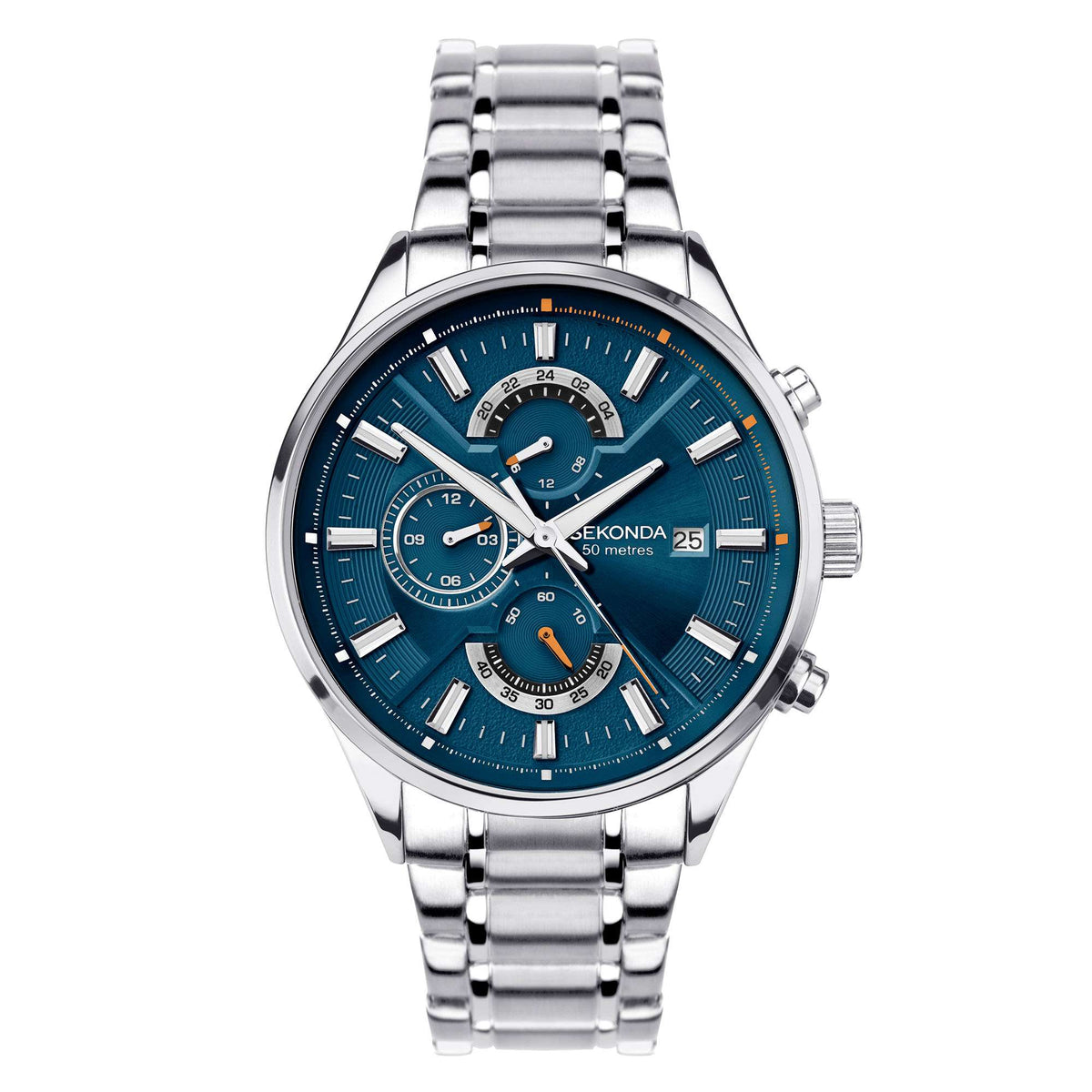 Men's stainless steel bracelet watch, blue dial with three sub-dials and date window.