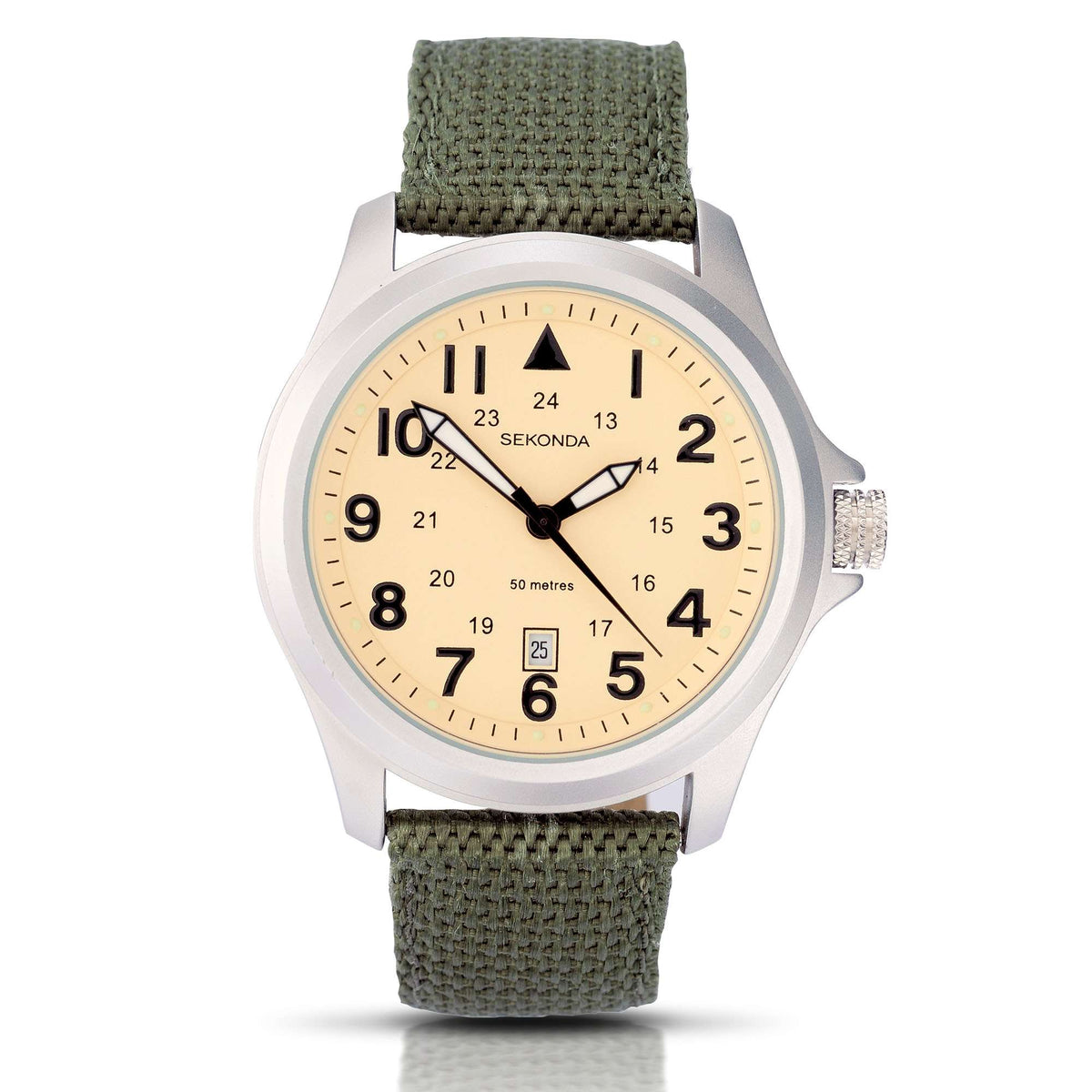 Men’s aviator quartz watch with silver case, cream dial, green fabric strap.