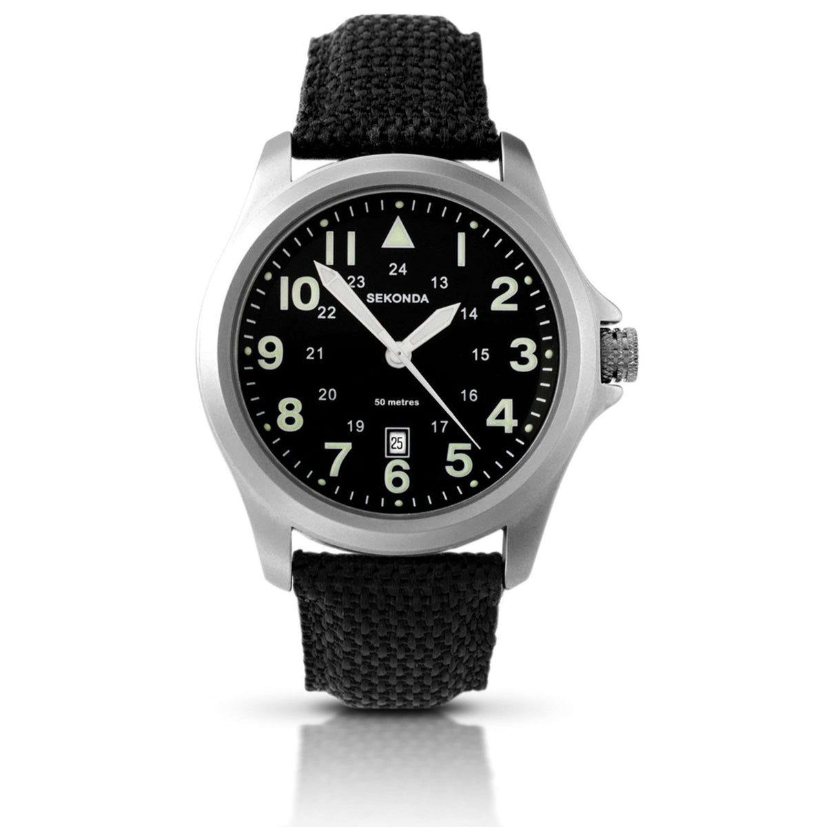 Men's aviator quartz watch, black dial, black fabric strap, silver-tone round case