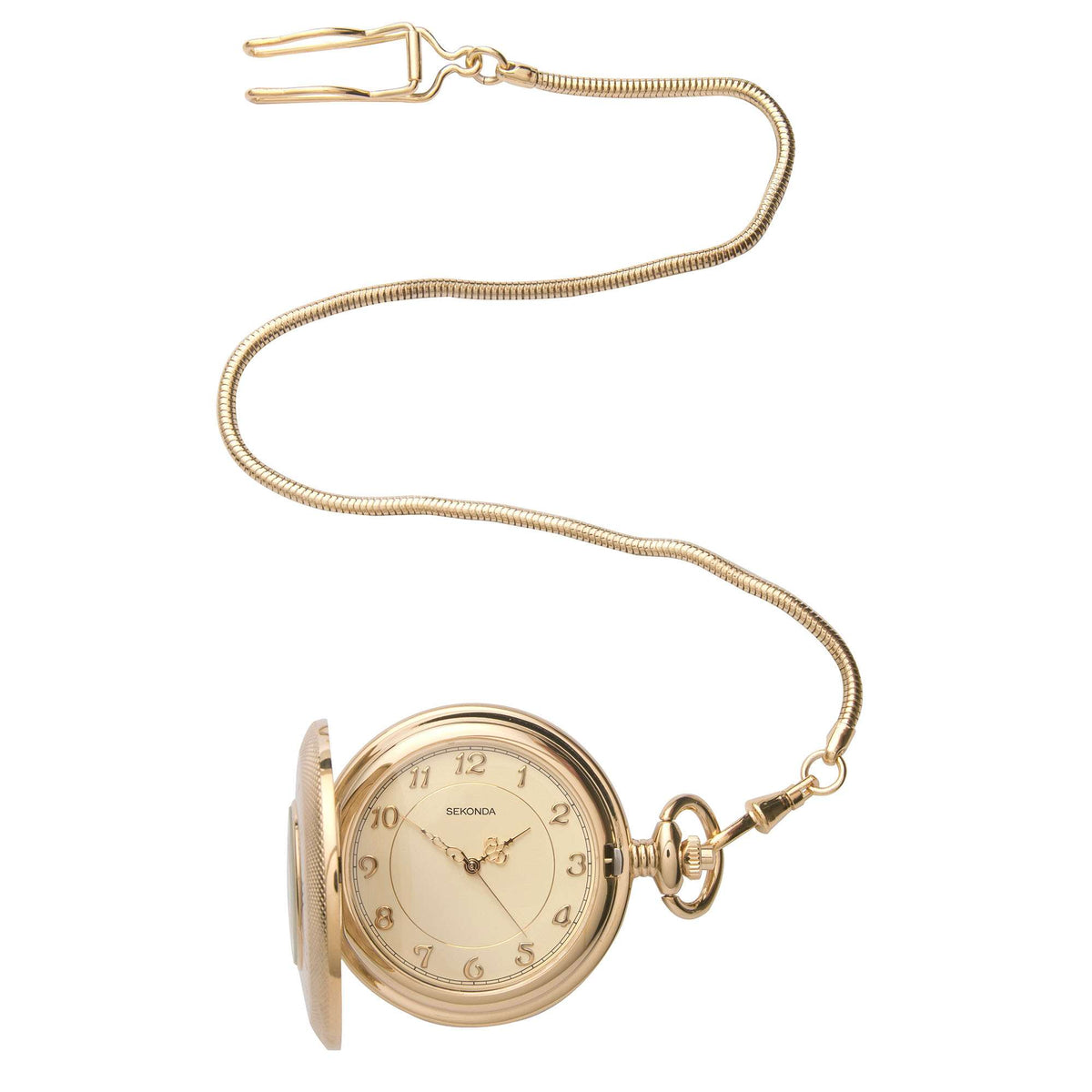 Gold-tone pocket watch face with Roman numerals on long chain