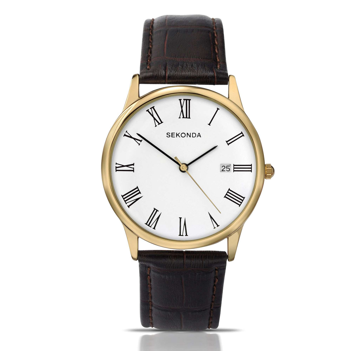 Sekonda gold-tone wristwatch, white dial, Roman numerals, date window, dark leather strap