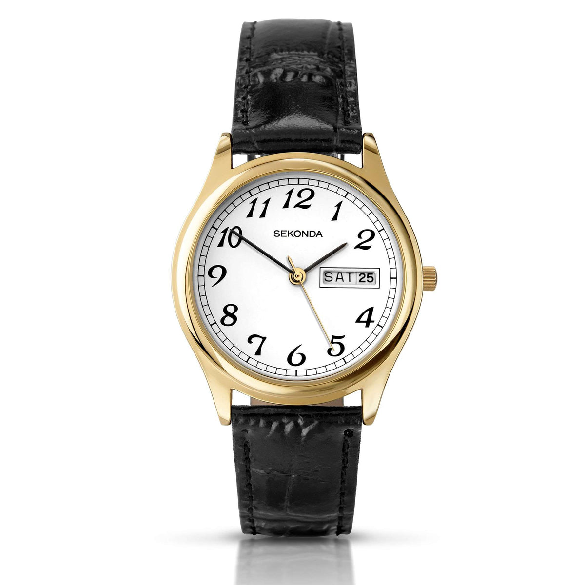 Men's quartz watch with white dial, gold-tone case, black leather strap, day-date window