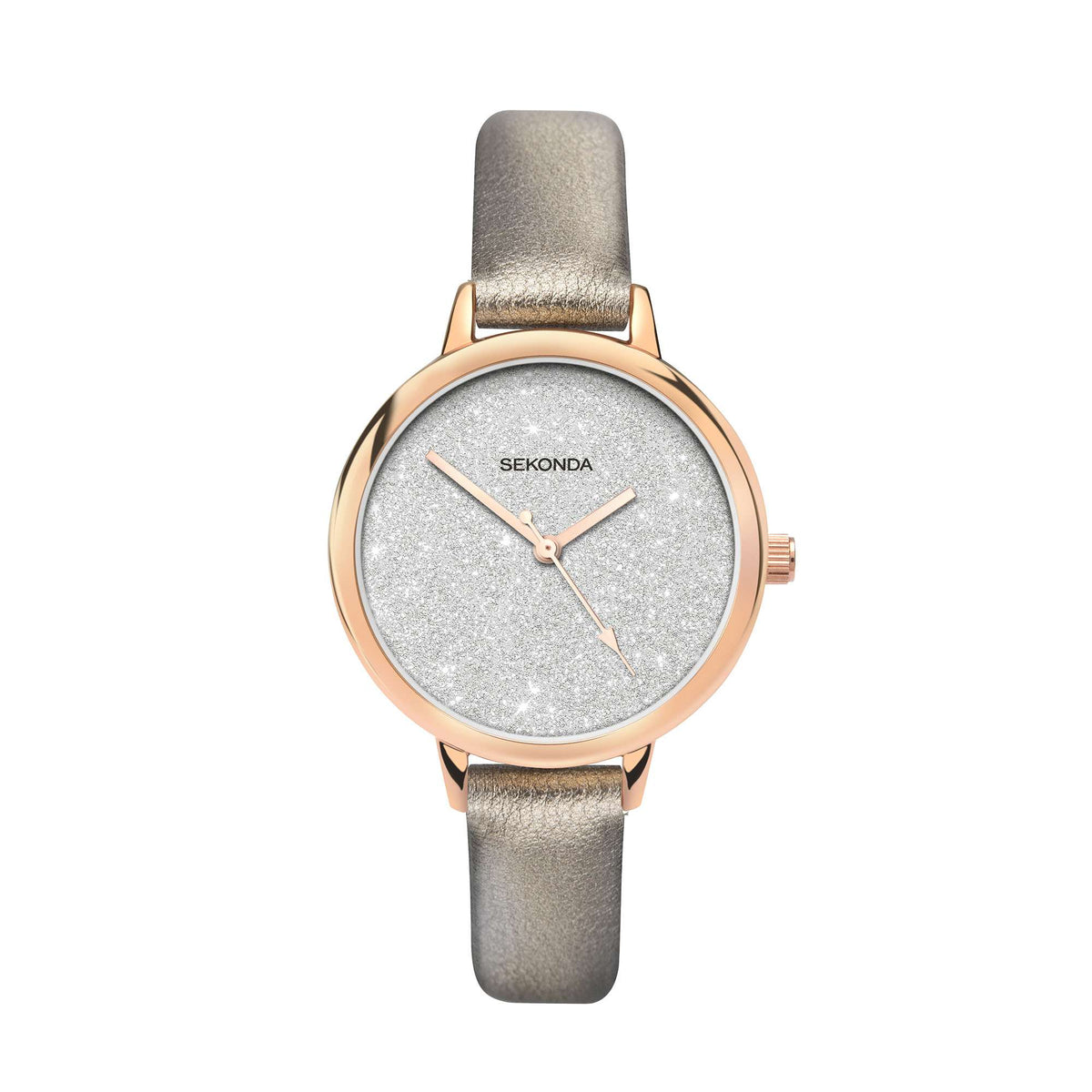 Ladies quartz watch with silver glitter dial, bronze case, and gray leather strap