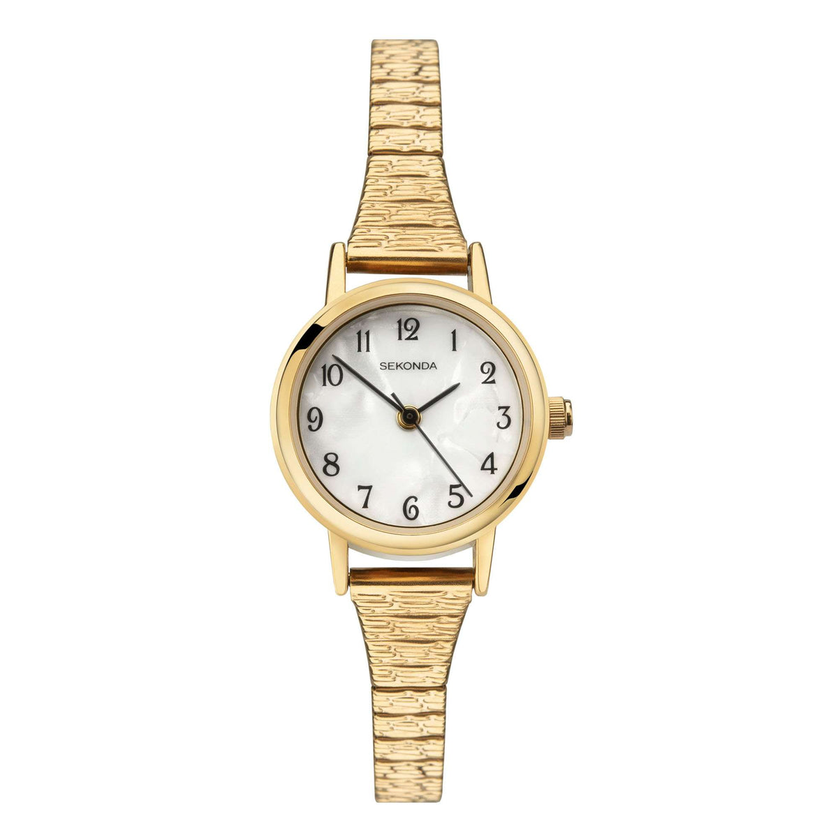 Gold-tone ladies quartz wrist watch, white dial with mother-of-pearl look, round case