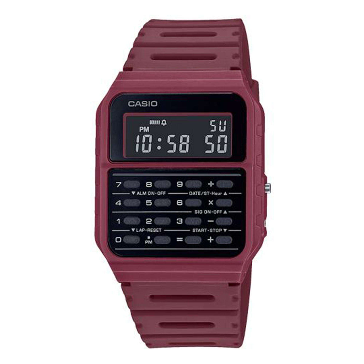 Casio vintage calculator watch with black dial and dark red resin strap