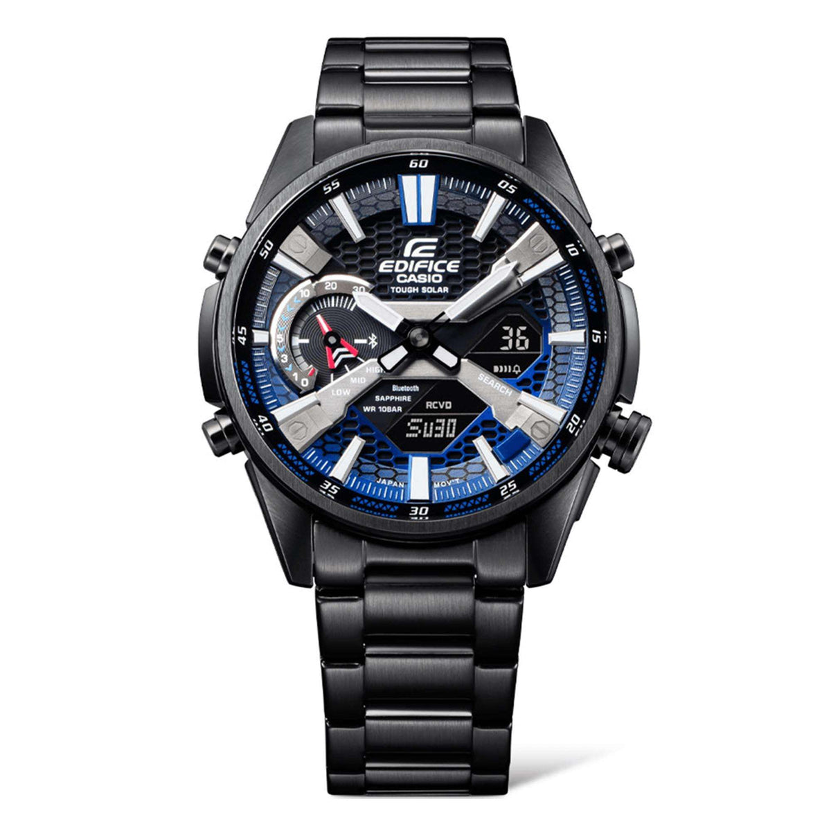 Men's black PVD steel smartwatch with black dial and blue map-style subdials, bracelet