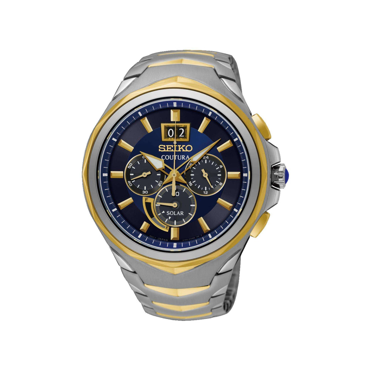 Seiko Coutura solar quartz men’s watch with blue dial and two-tone stainless bracelet