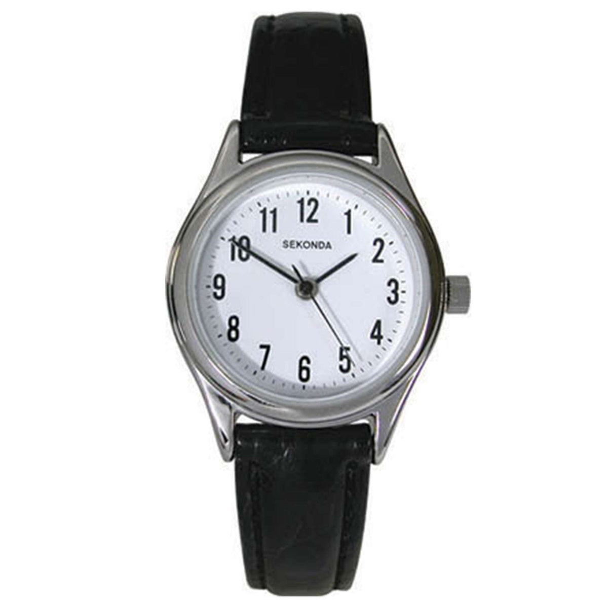 Sekonda analog watch with black strap, silver bezel, white dial and Arabic numerals