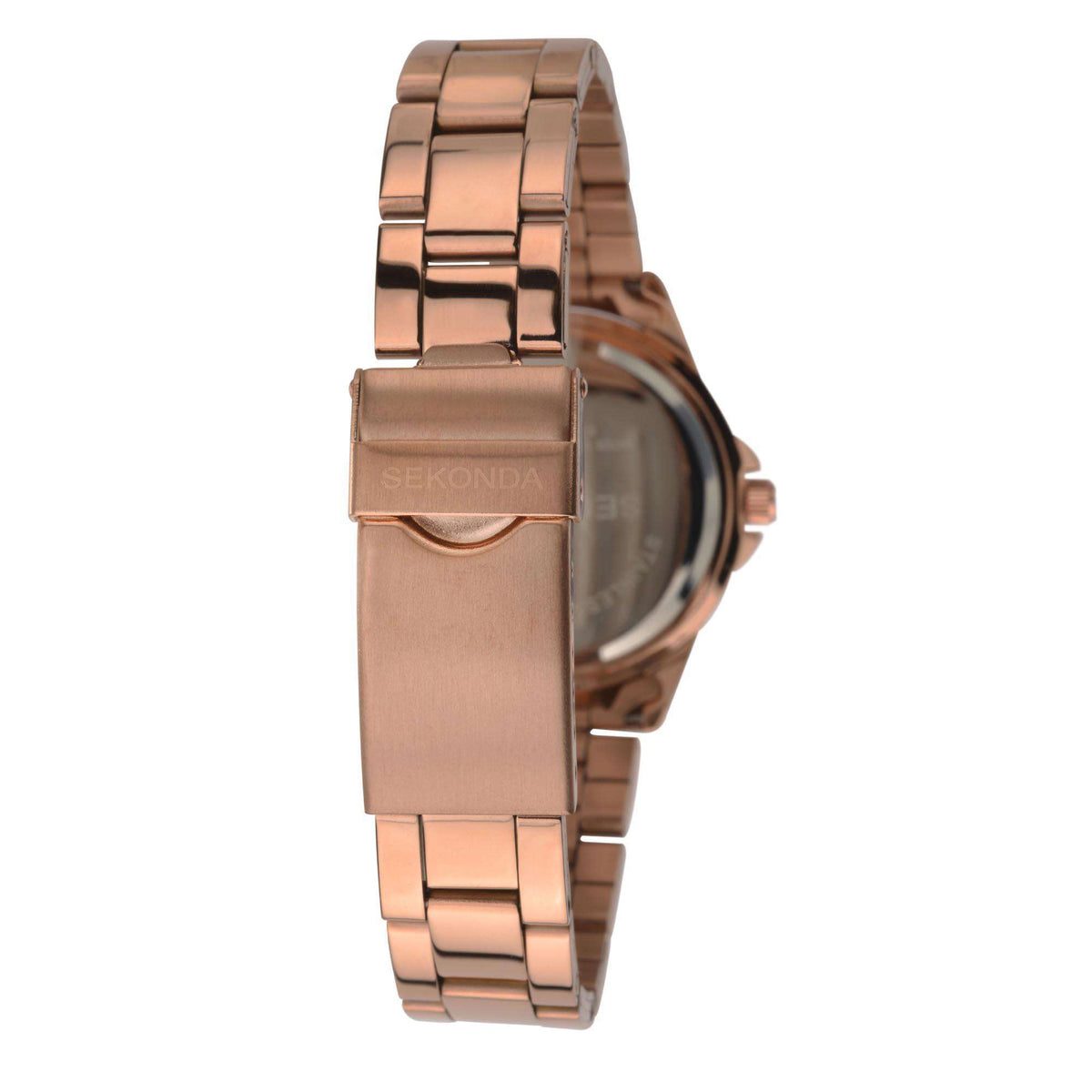 Rose-gold quartz watch side view with crown and link bracelet, dark dial and crystal bezel