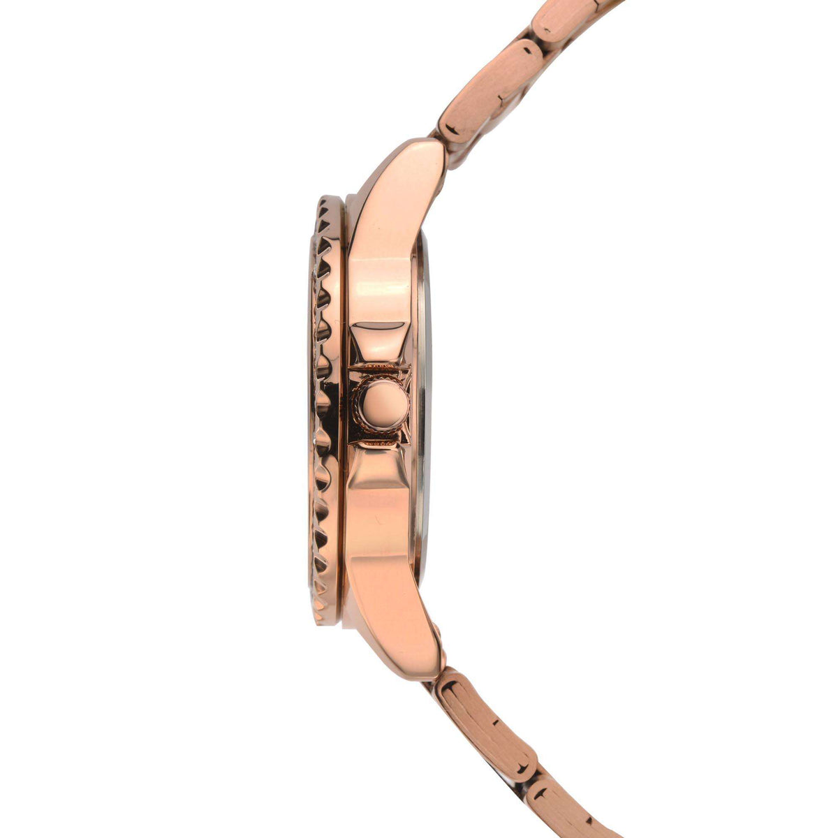 Rose-gold quartz watch profile with bracelet links and crown, dark dial and bezel