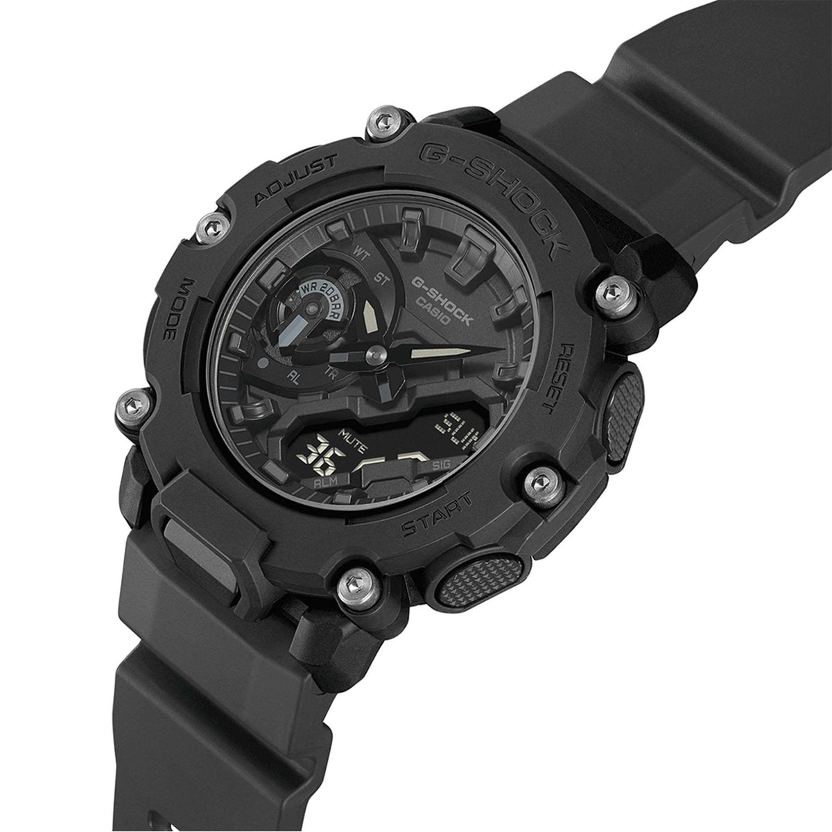 Casio G-Shock watch face with black dial details and rugged black resin case