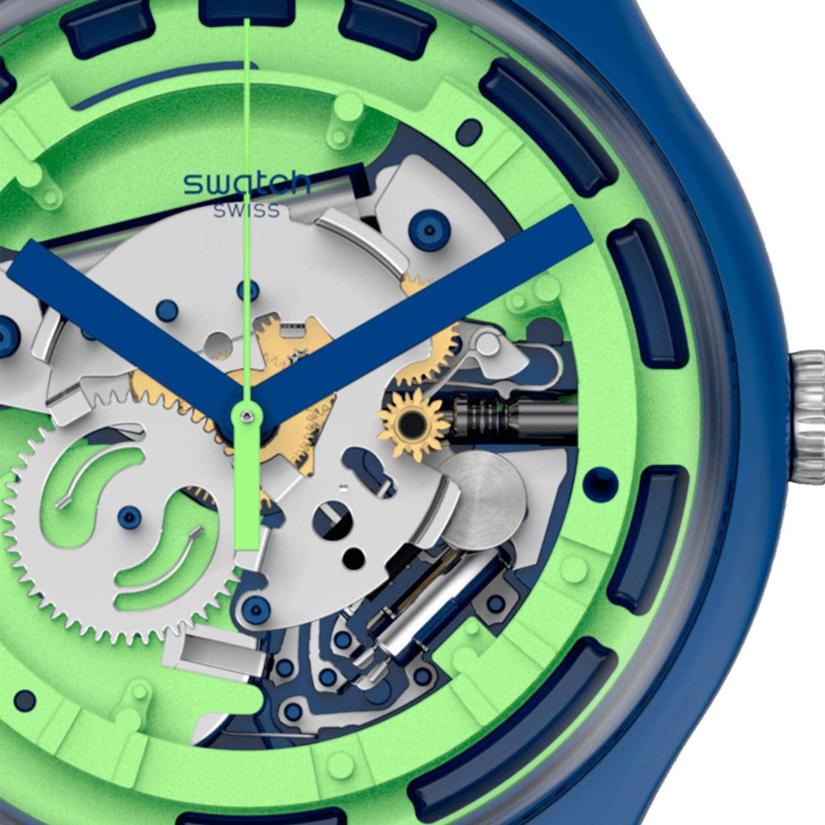 Close-up of green transparent watch dial with visible gears and blue hands
