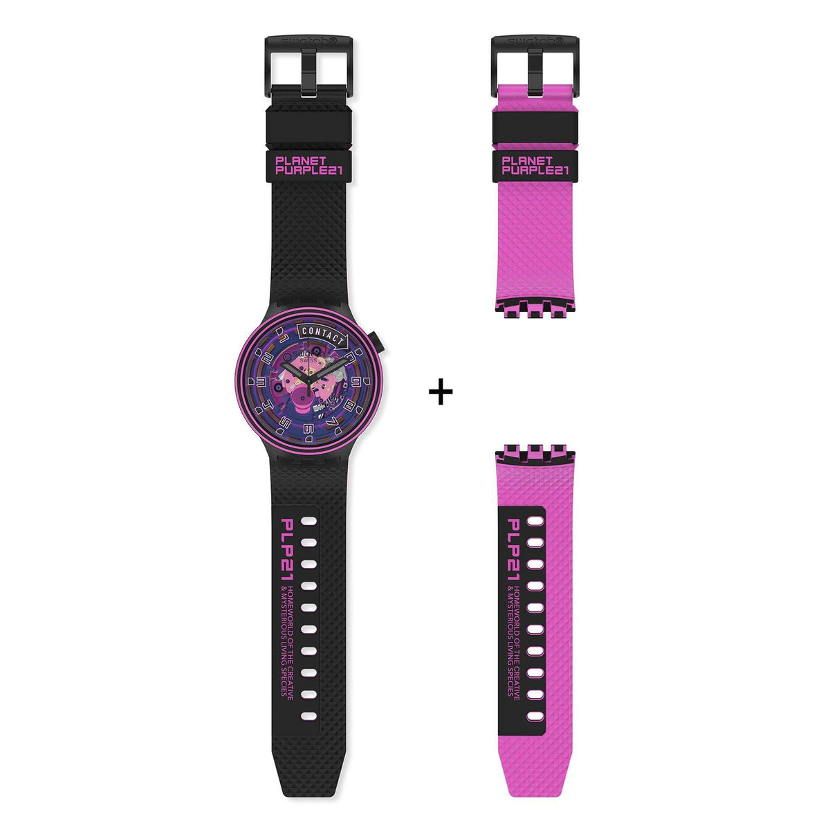 Swatch watch bundle with black and pink silicone straps, matching buckle and case