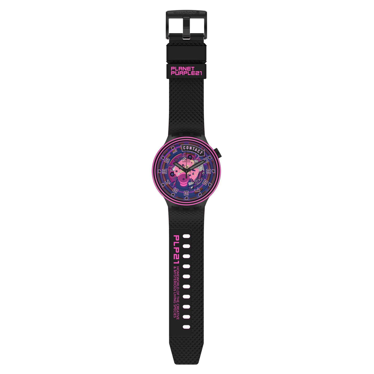 Swatch watch with black textured silicone strap and purple-pink transparent dial