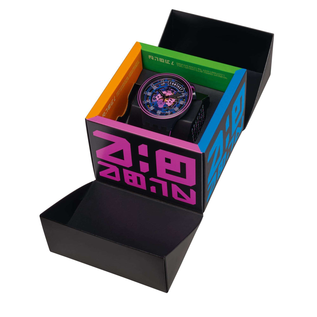 Swatch watch in gift box with black silicone strap and pink dial