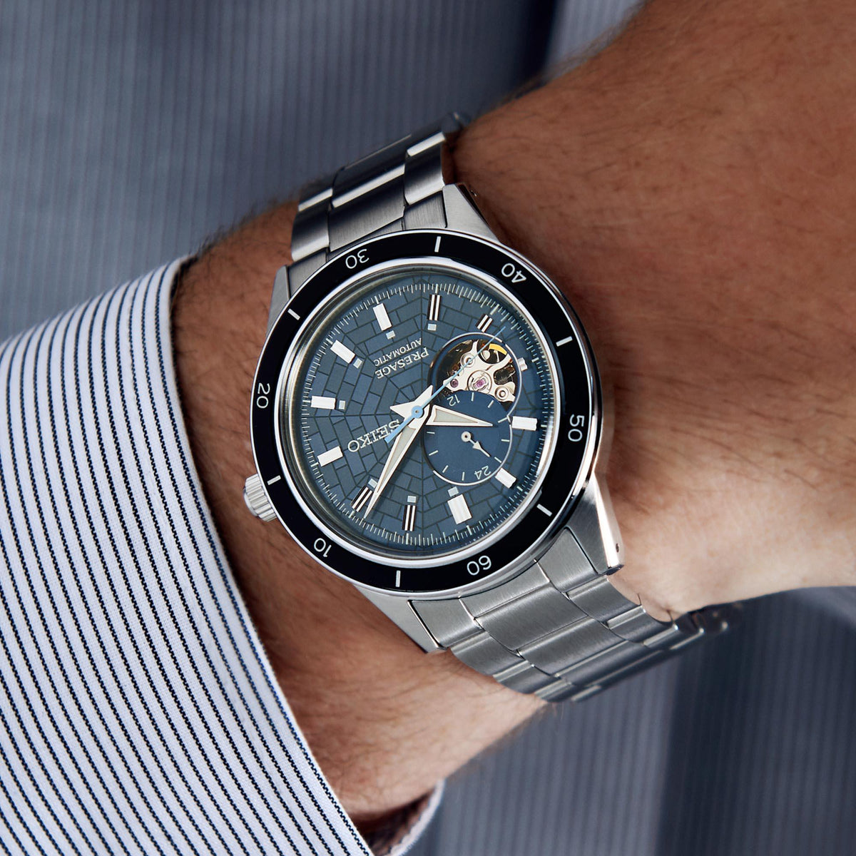 Seiko Presage SSA445J1 blue-green pattern dial angled wrist shot