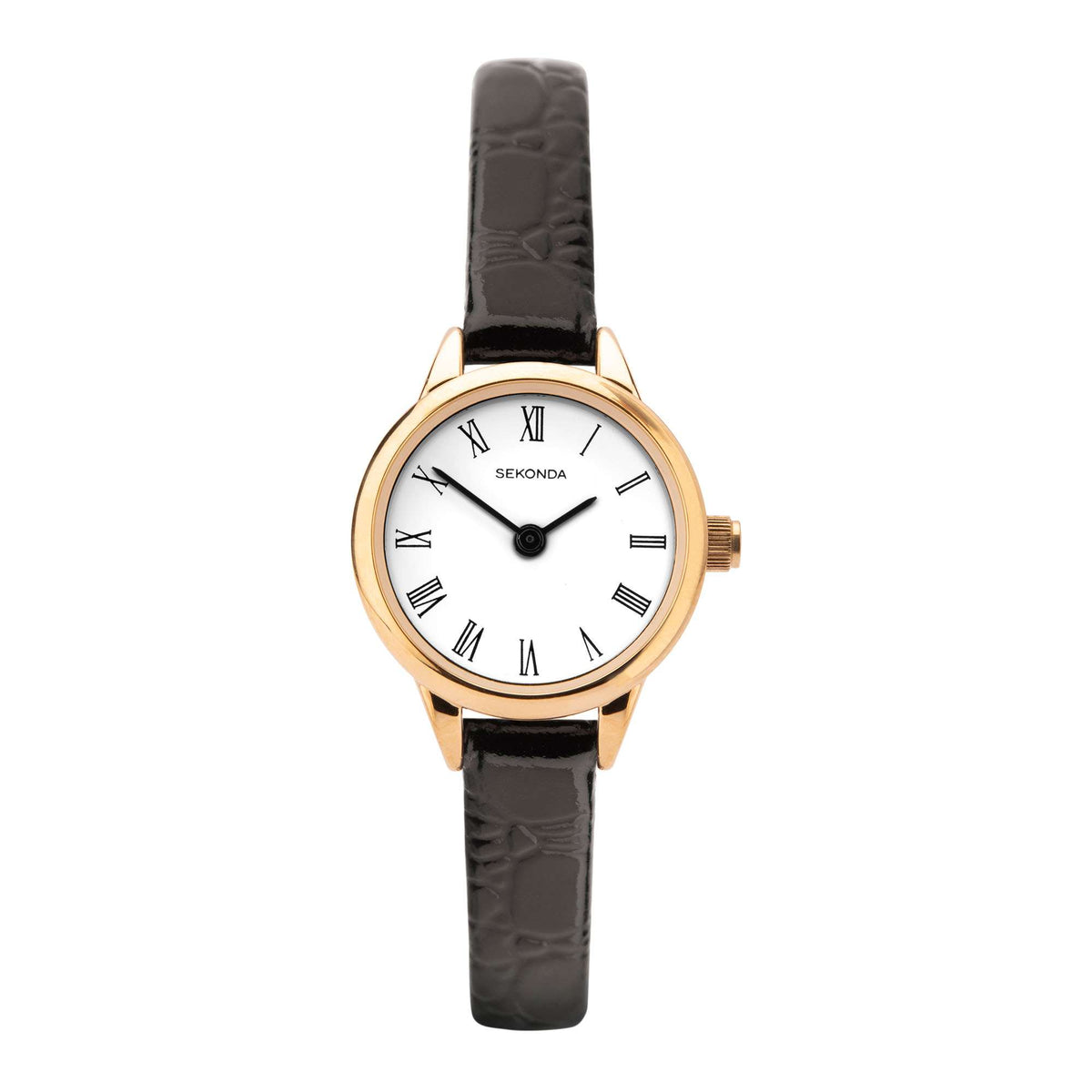 Sekonda ladies quartz watch with white dial, black leather-look strap, gold-tone case