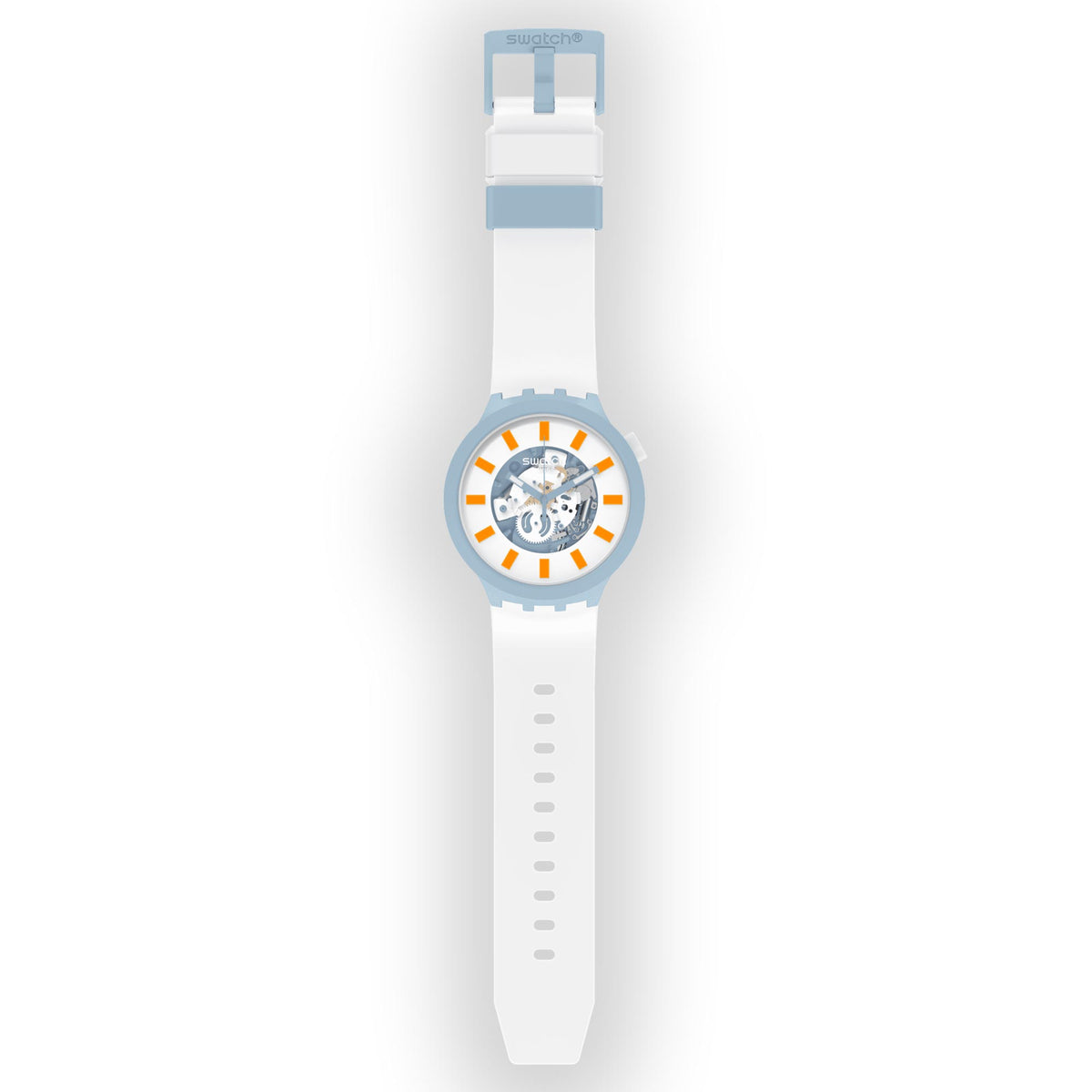 White silicone wristwatch with light blue bezel and orange hour markers, open mechanical dial