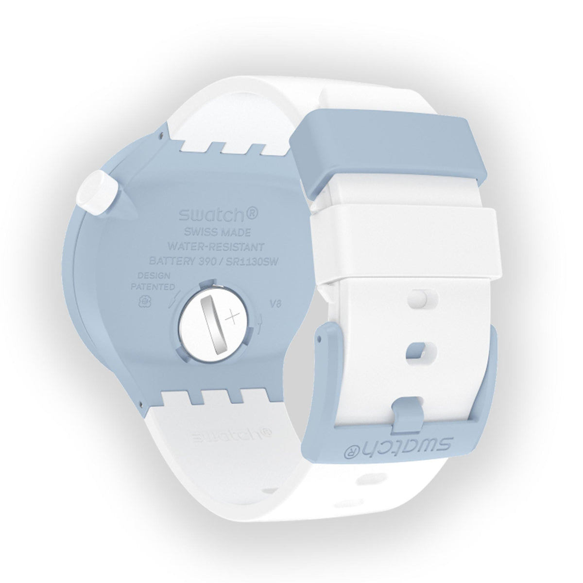 Back of light blue and white quartz watch showing case markings and battery cover