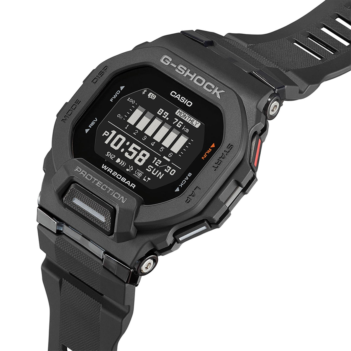 Black G-SHOCK digital watch with resin strap, LCD display, textured case.