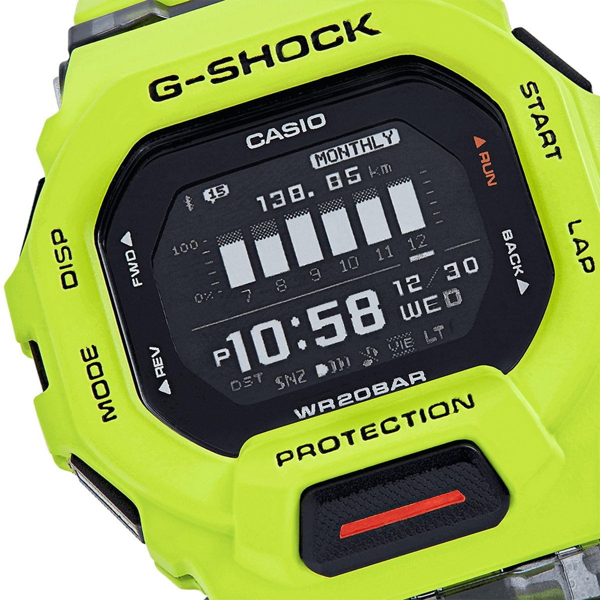 Neon green G-Shock watch close-up, black LCD shows time and PROTECTION