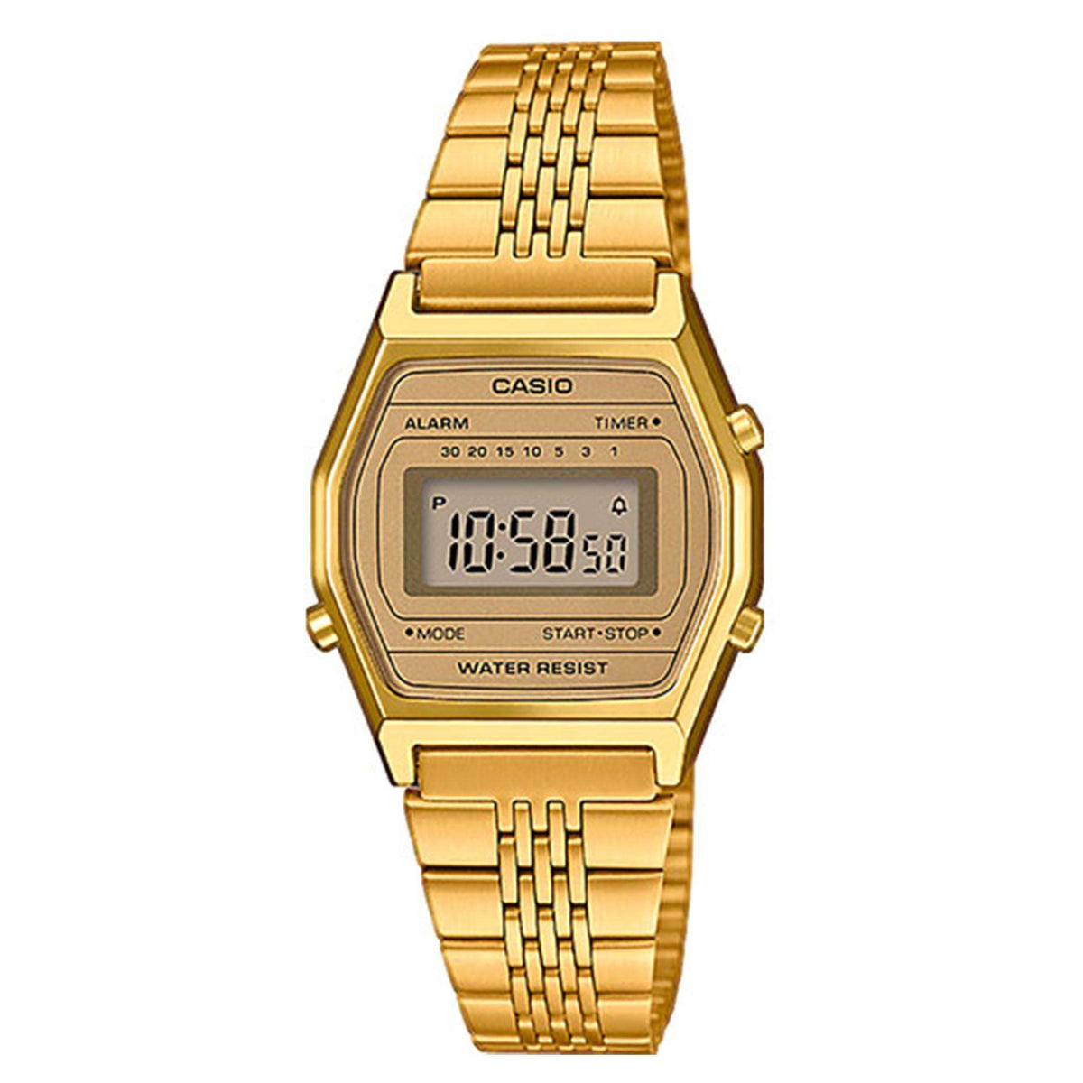 Gold-tone quartz bracelet watch with LCD digital display and Casio logo on gold dial