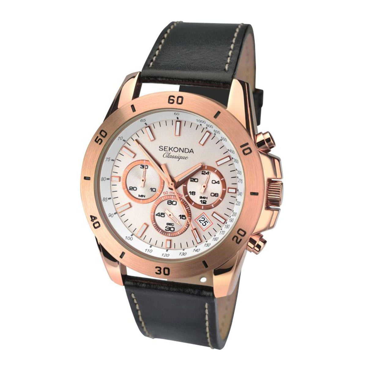 Men's chronograph watch with silver dial, rose-gold case, and black leather strap.