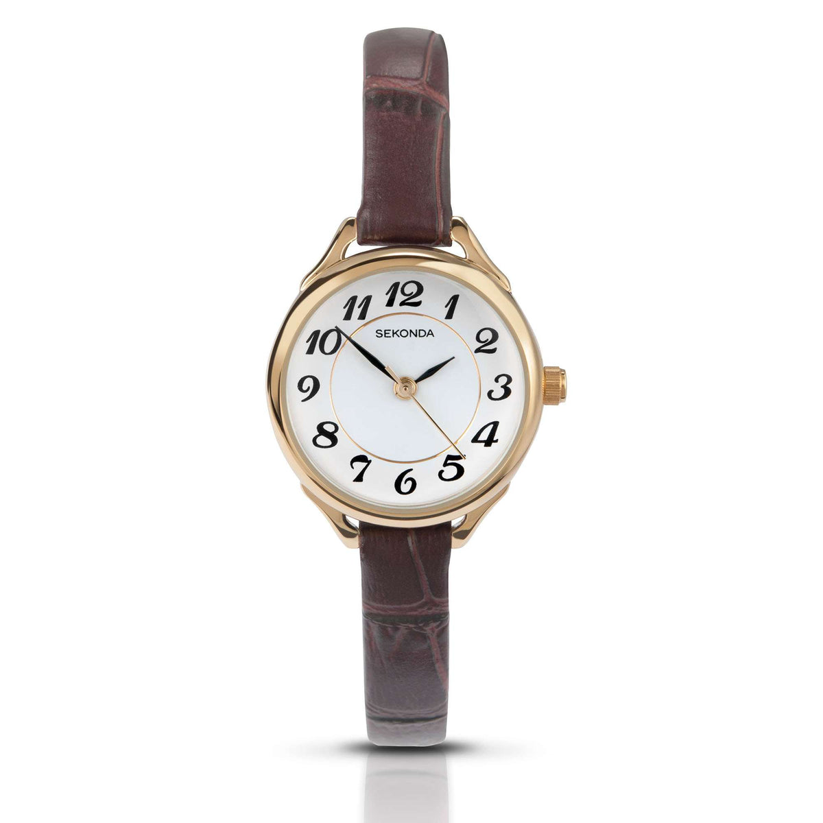 Round gold-tone ladies quartz watch with white dial, Arabic numerals, brown leather strap.