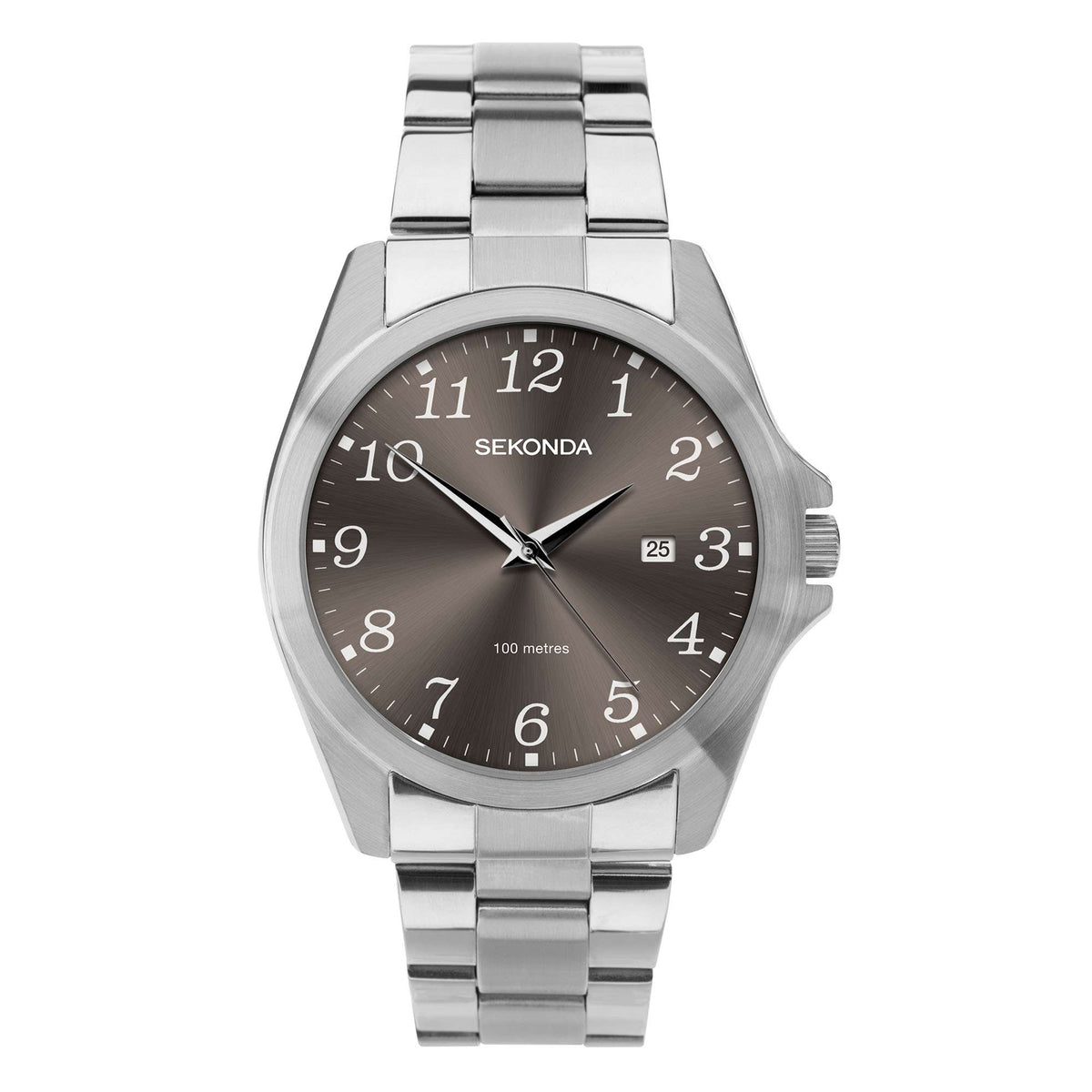 Men's stainless steel quartz watch, dark gray dial, silver link bracelet