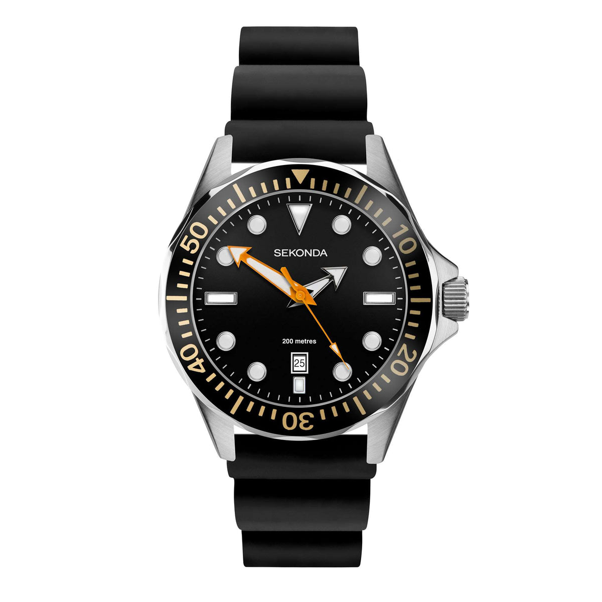 Men's Sekonda sports quartz watch, black rubber strap, black dial with orange hands