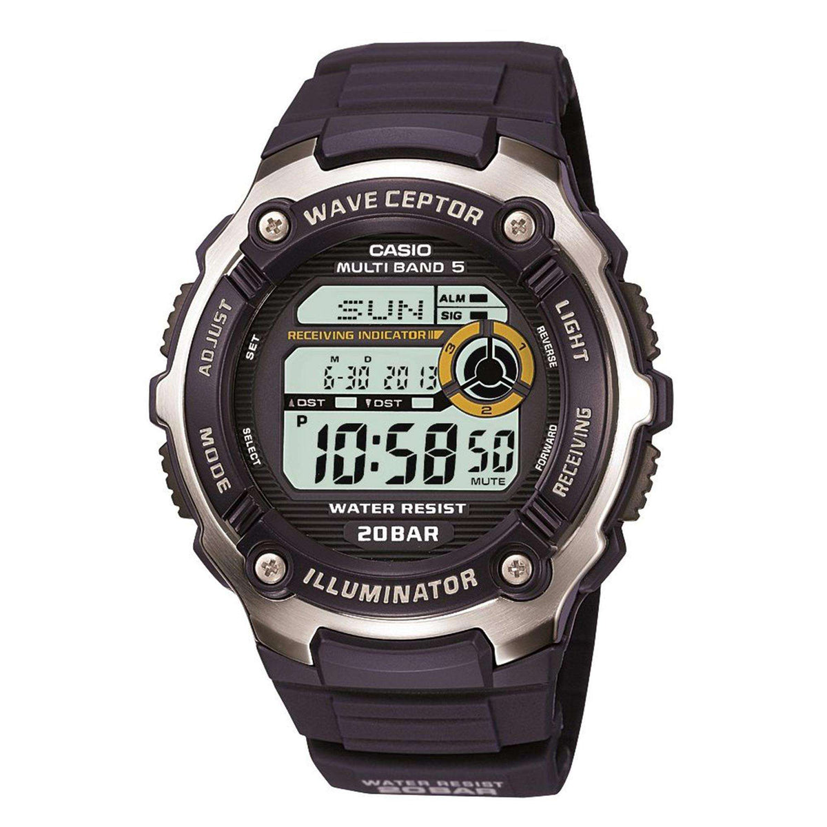 Men's Casio Wave Ceptor digital watch with dark resin strap and illuminated display