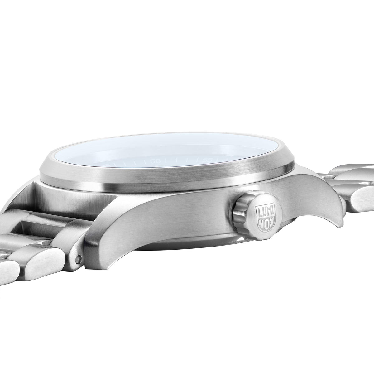 Men's automatic wristwatch, silver case and crown, steel bracelet links