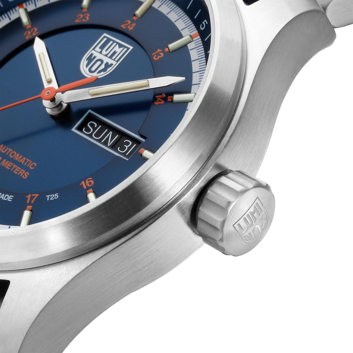 Men's automatic wristwatch, blue dial detail with crown and brushed steel case