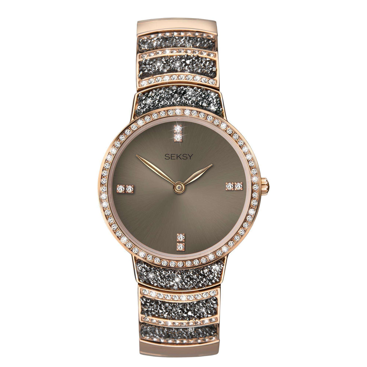 Gold-tone ladies wristwatch with brown dial, crystal bezel, studded link bracelet