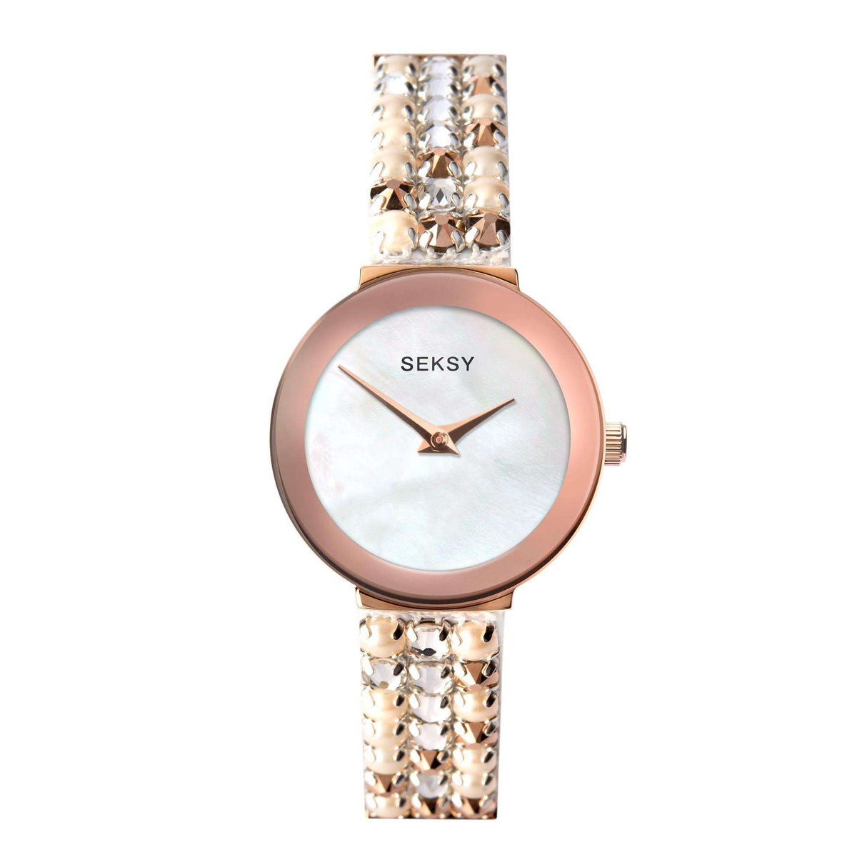 Rose gold quartz watch with mother-of-pearl dial, SEKSY logo, and metal mesh bracelet