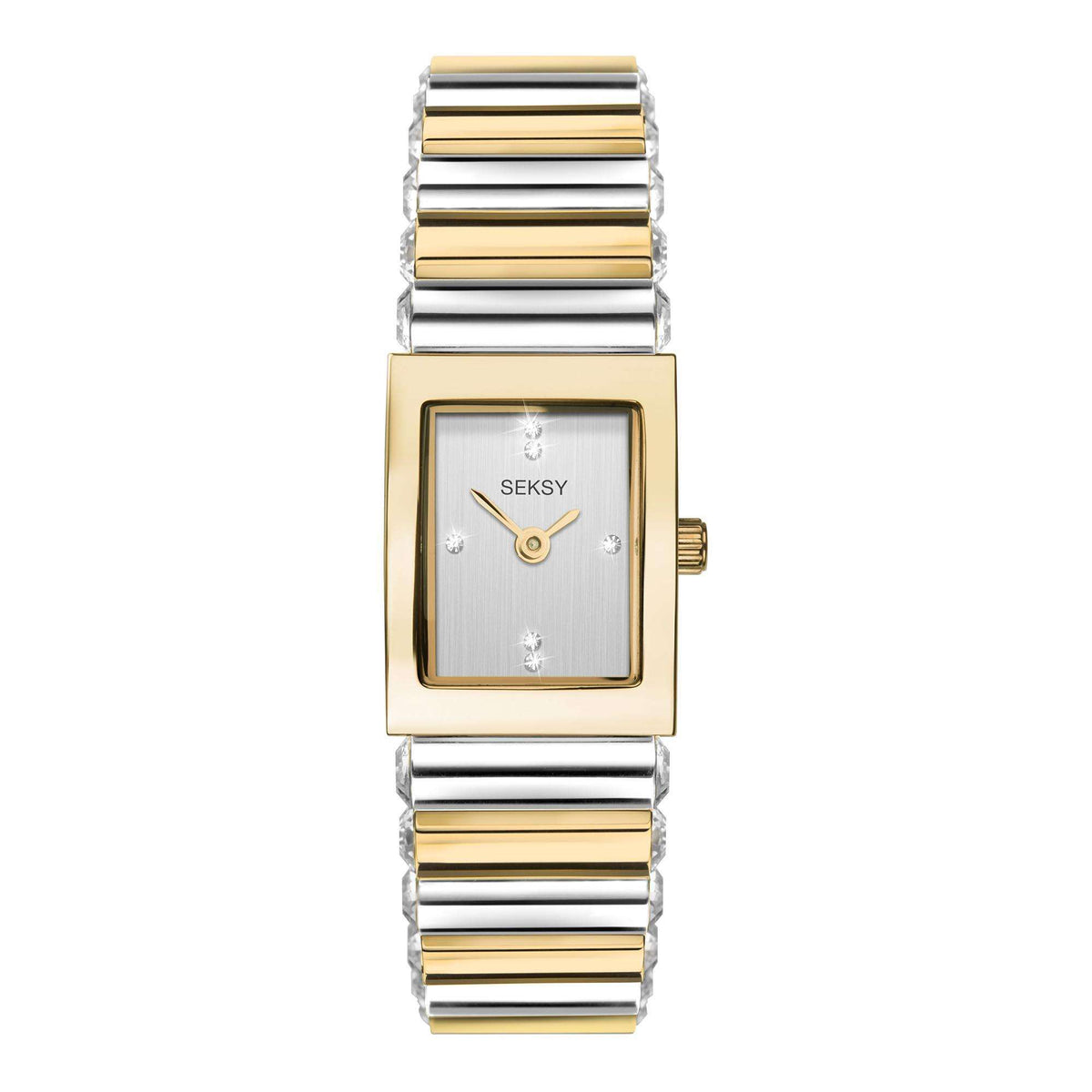 Two-tone ladies quartz watch with silver and gold stainless bracelet, rectangular dial