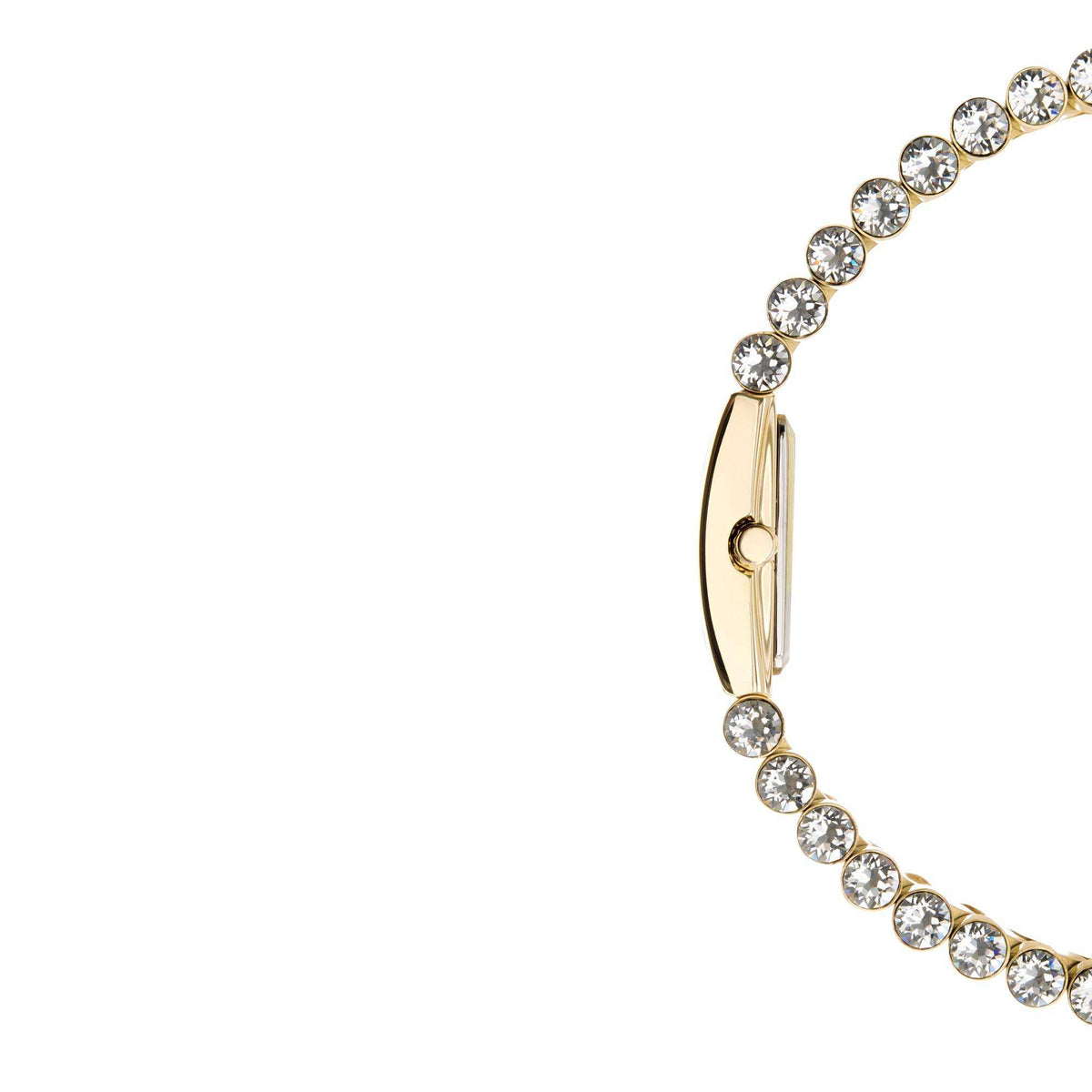 Gold watch case side with round crown and sparkling crystal link accents