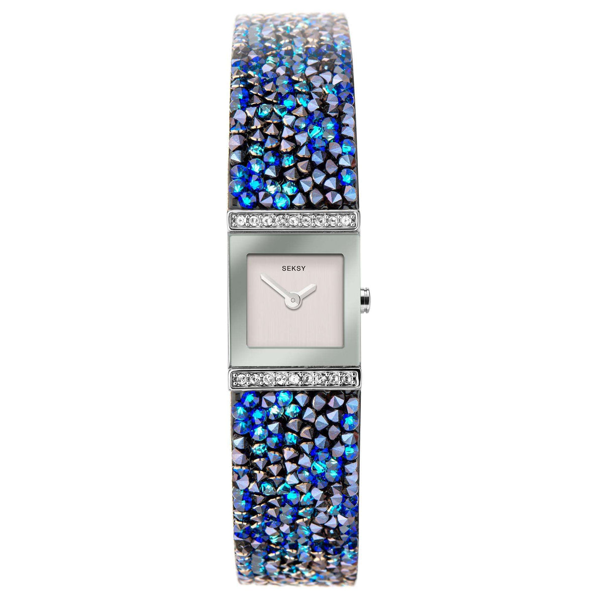Ladies quartz bracelet watch with silver square dial and blue crystal mesh strap