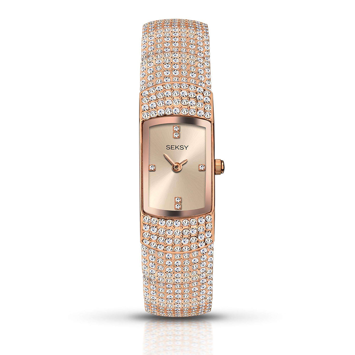 Ladies rose gold quartz wristwatch with rectangular crystal dial and matching rhinestone strap