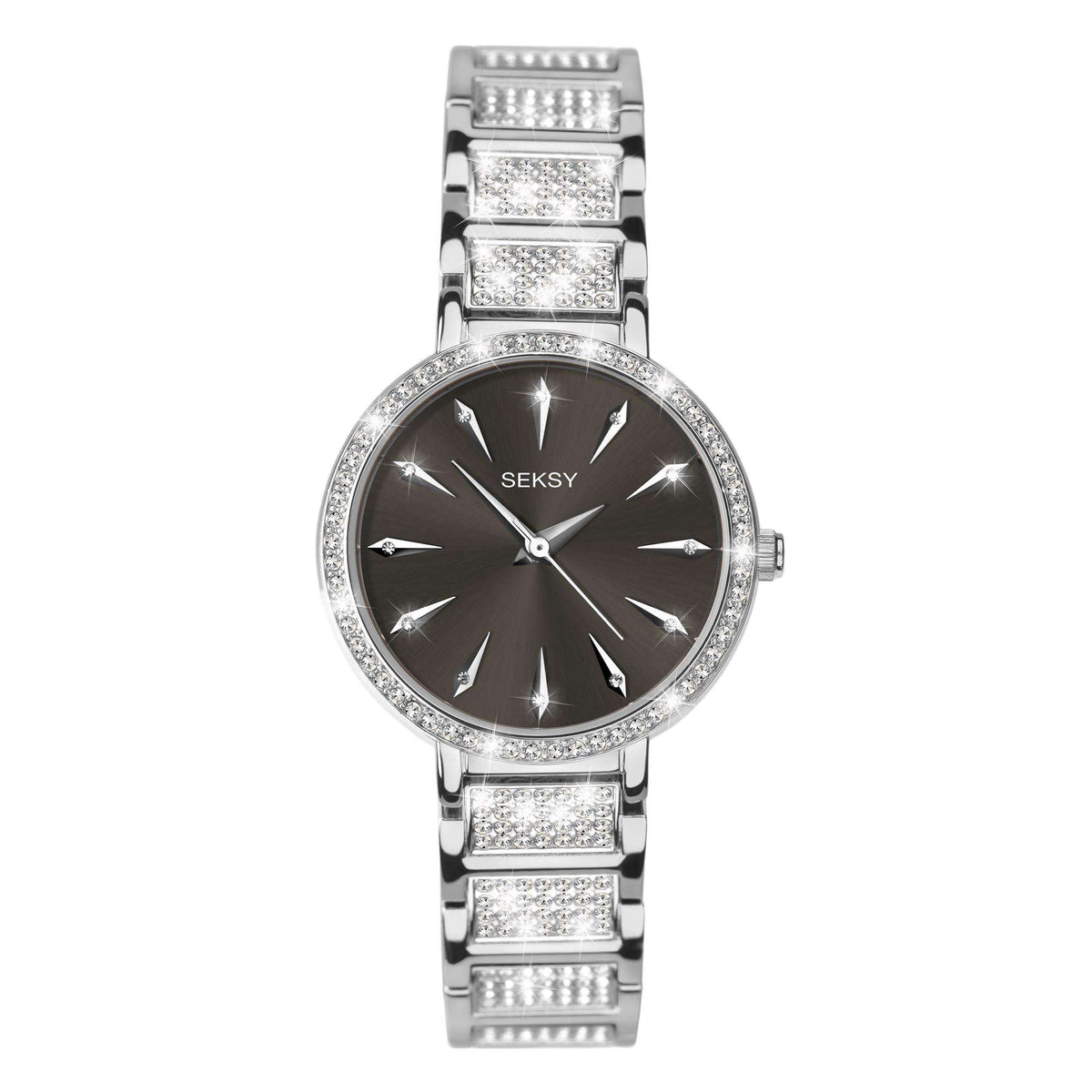 Ladies stainless steel bracelet watch with black dial and sparkling crystal bezel