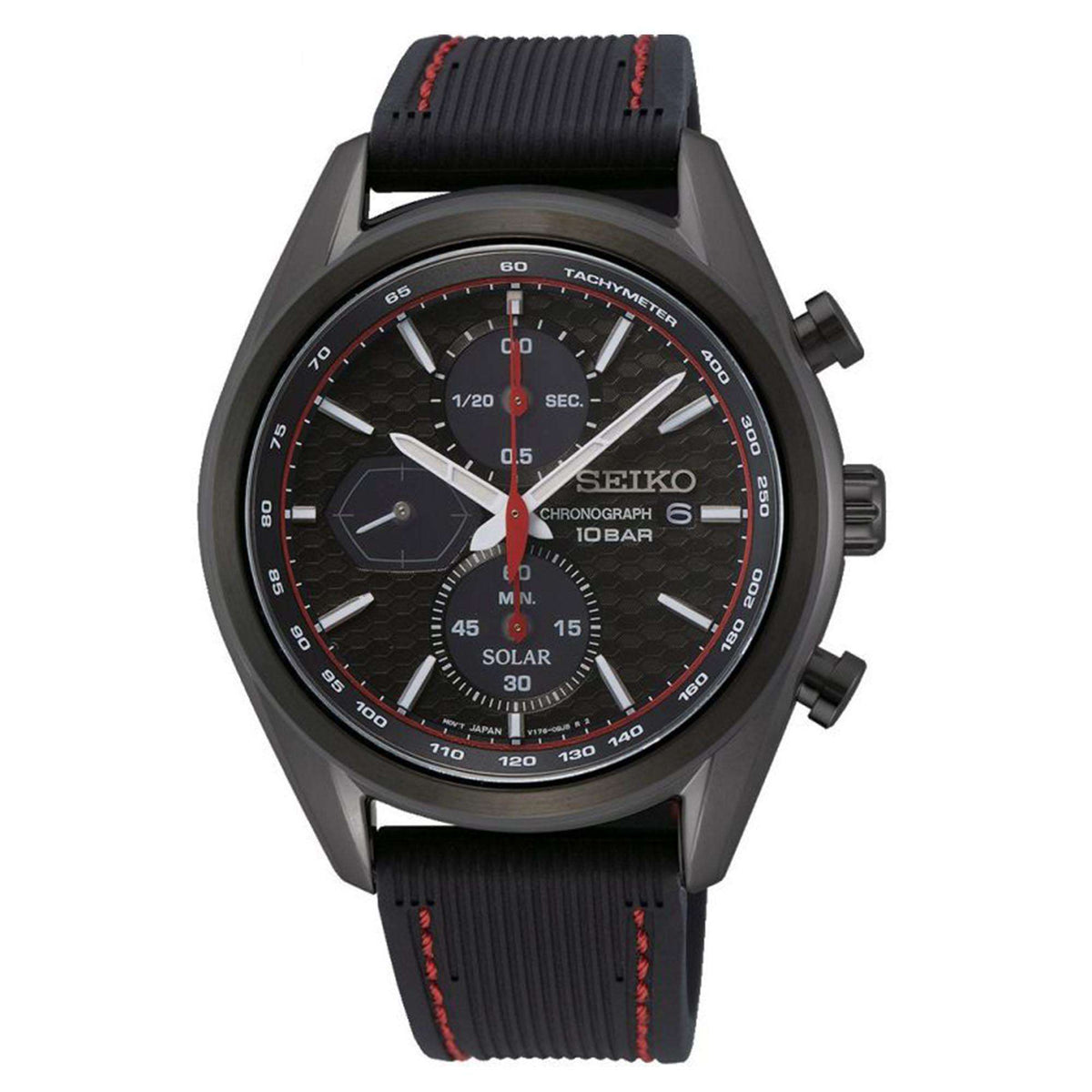 Mens chronograph solar watch with black silicone strap and dark dial with subdials
