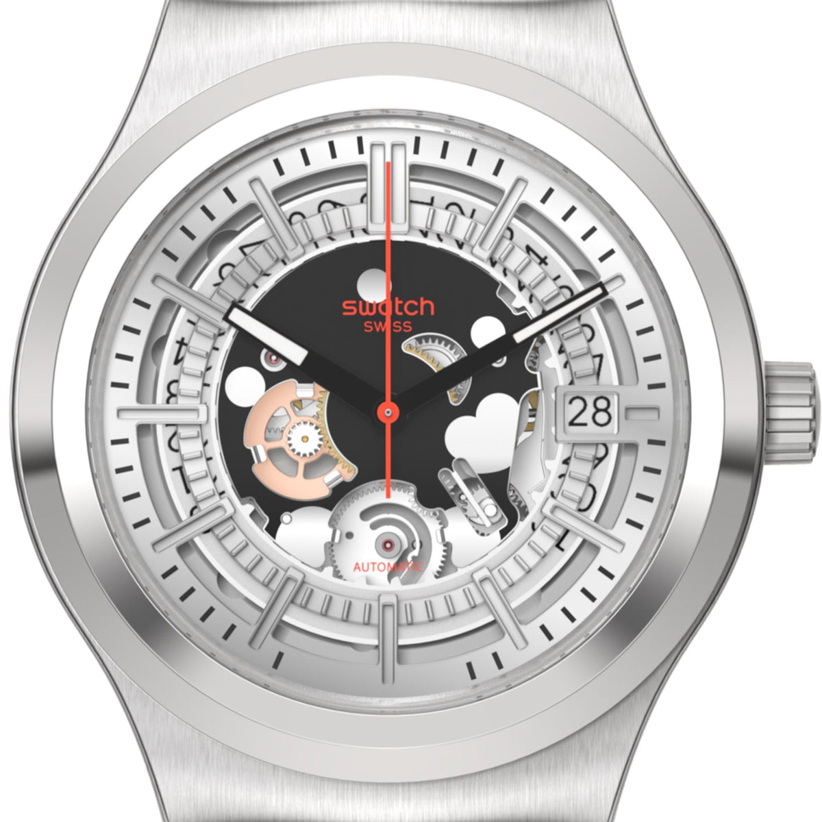 Skeleton automatic dial watch with red seconds marker, date window, silver case, black hands
