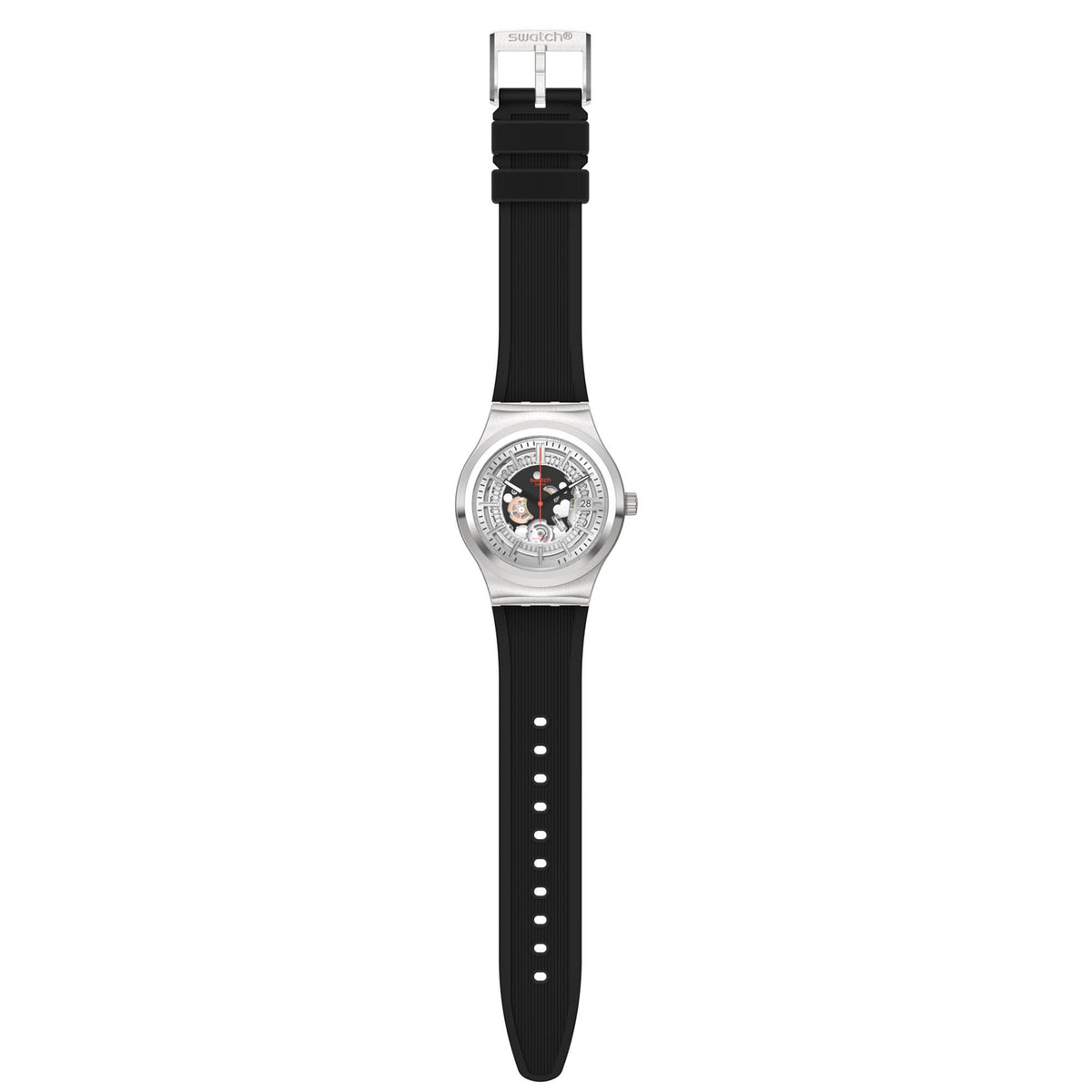 Men’s watch with black rubber strap and silver case, visible openwork skeleton dial