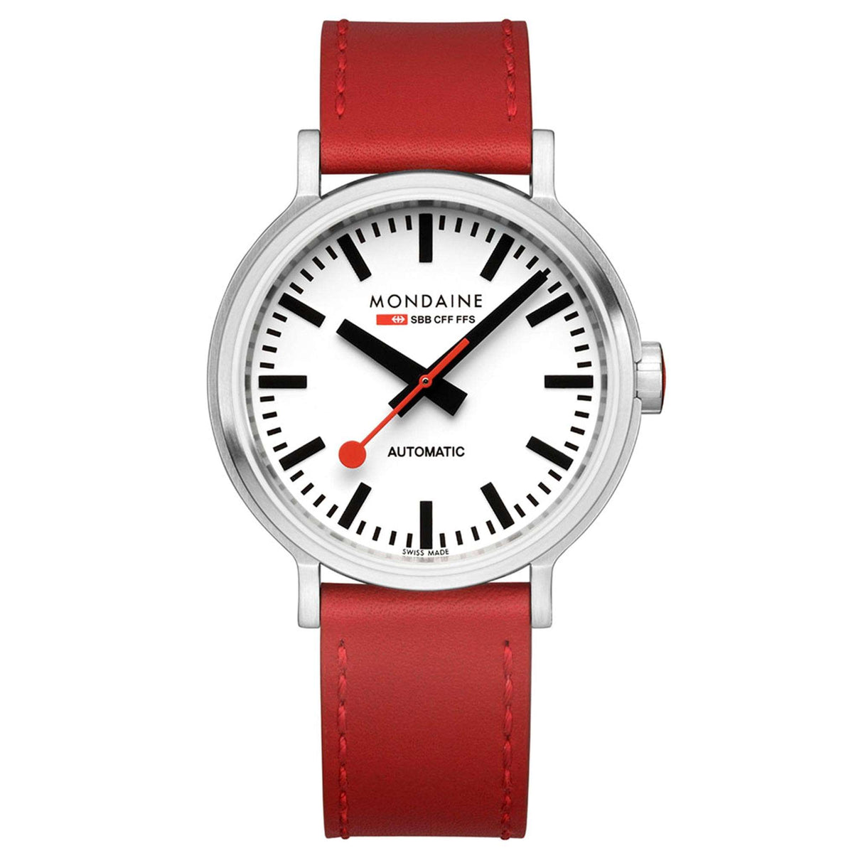Men's automatic wristwatch with white dial, black hands, red leather strap, stainless case