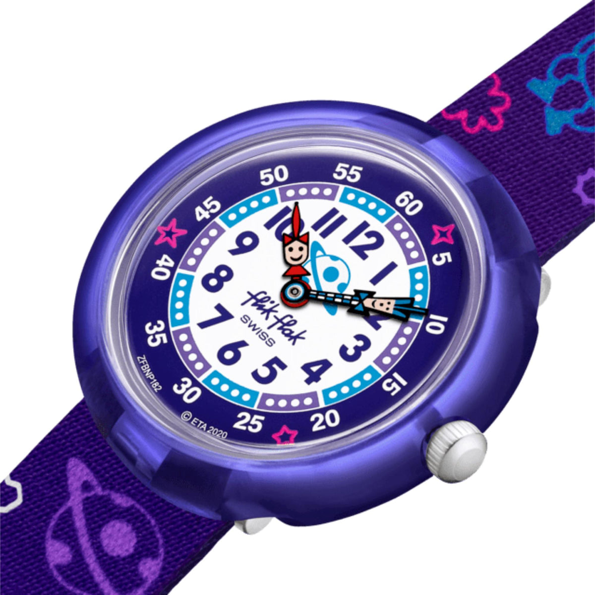 Children's watch close-up: purple case, blue minute ring, bold hour numbers and hands