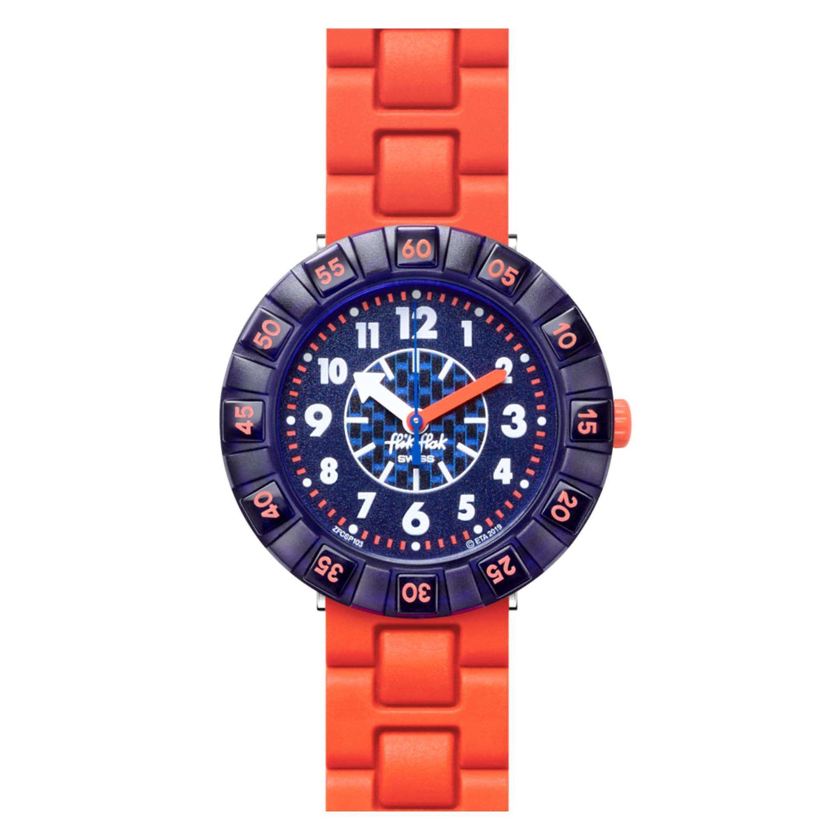 Children's wristwatch with orange silicone strap and dark blue dial with orange hands