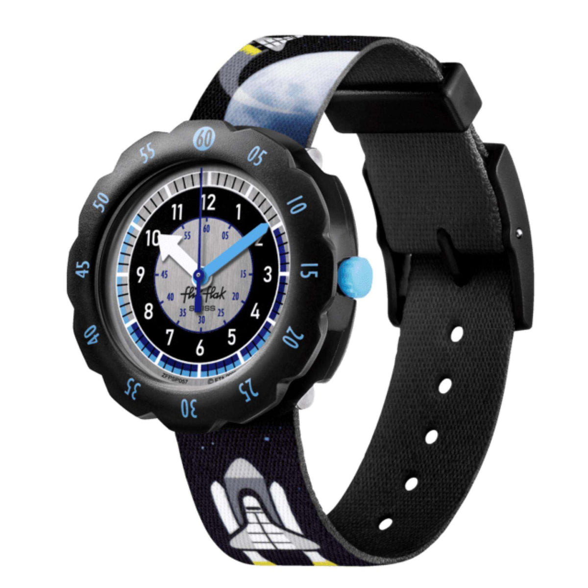 Flik Flak kids watch with buckle, black fabric strap, blue-accent two-tone dial